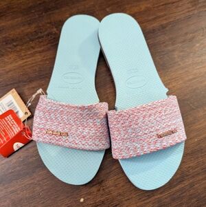 Havaianas Women's Light Blue Slide Sandals with Pink Strap NWT Women's Size 9/10